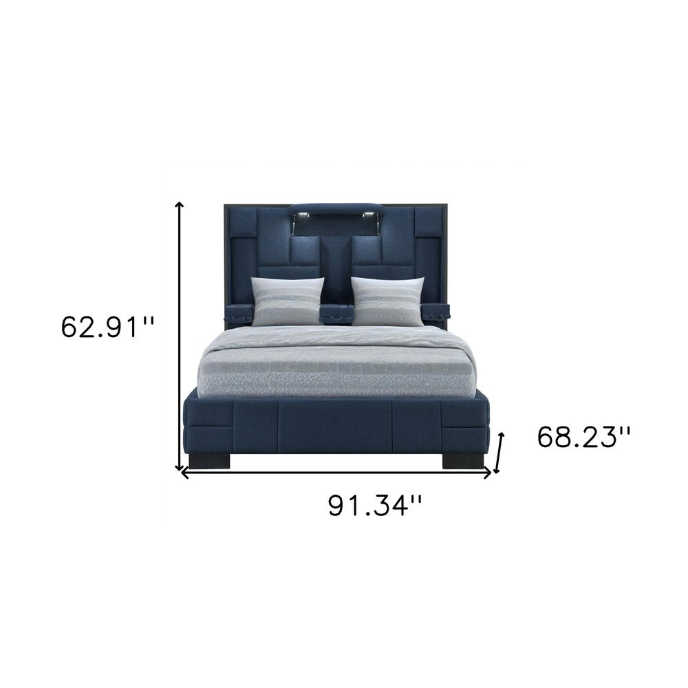 Navy Blue Upholstered Queen Tech Bed with Bluetooth