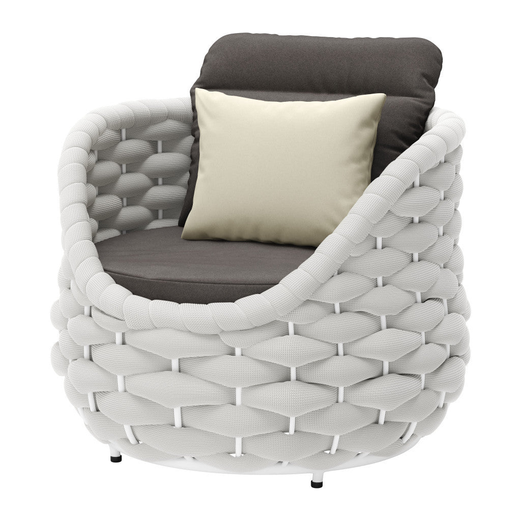 34" Gray And White Olefin Barrel Chair And Toss Pillow