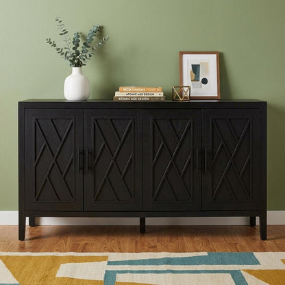 60" Black Distressed Sideboard | Modern 4-Door Buffet