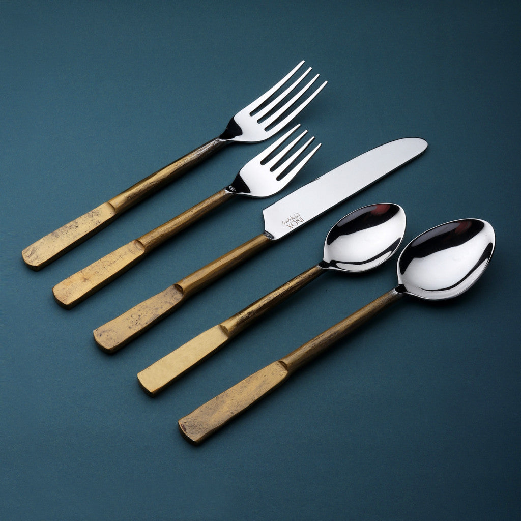 Matte Gold Stainless Steel Twenty Piece Hand Forged Flatware Set