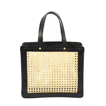 Classic Rattan and Black Leather Tote Shoulder Bag