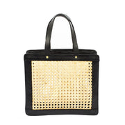Classic Rattan and Black Leather Tote Shoulder Bag - Fluent Trends