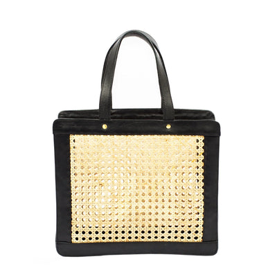 Classic Rattan and Black Leather Tote Shoulder Bag - Fluent Trends