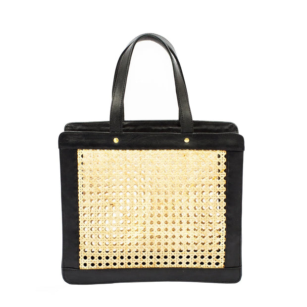 Classic Rattan and Black Leather Tote Shoulder Bag - Fluent Trends