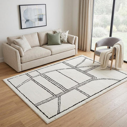 Ivory & Black Geometric Area Rug - 5' x 7' Stain Resistant Polypropylene