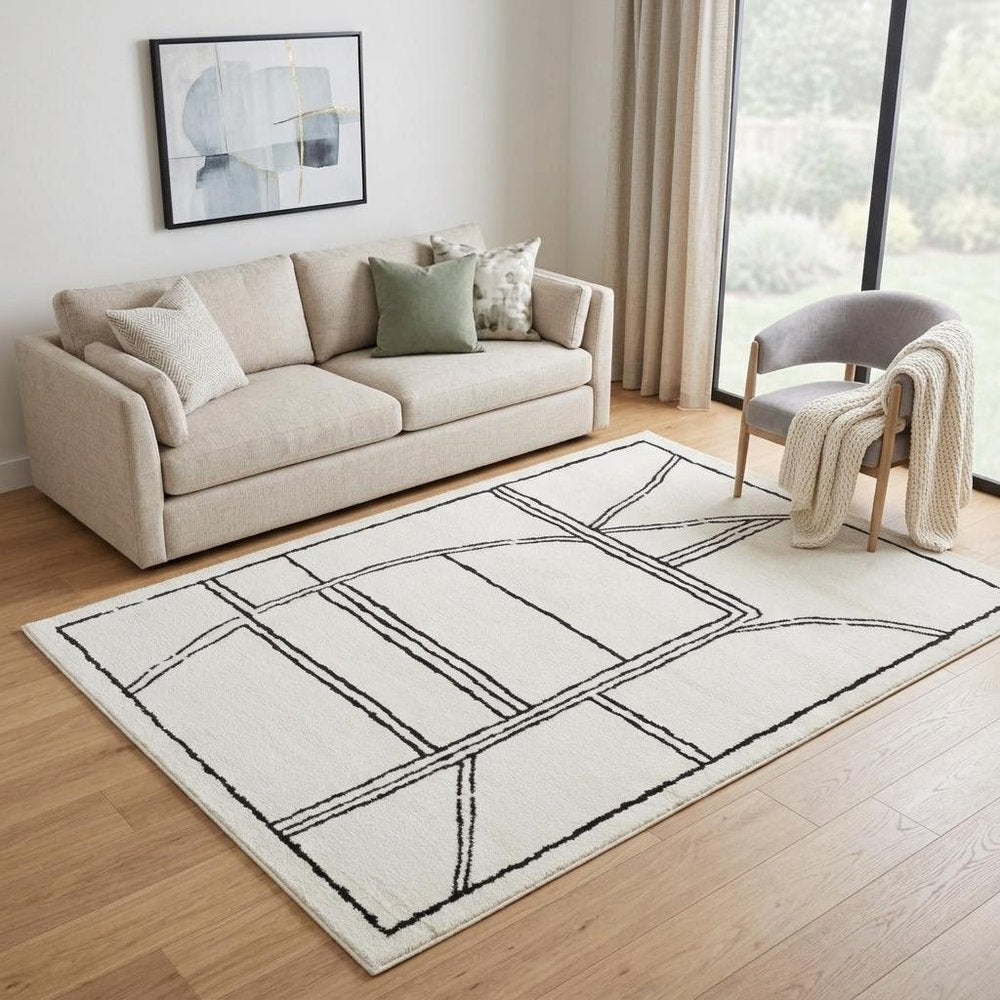 Ivory & Black Geometric Area Rug - 5' x 7' Stain Resistant Polypropylene