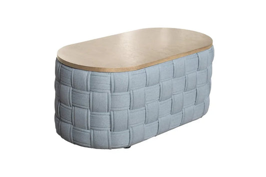 A left-side profile of the Kinsley oval woven ottoman table, showcasing the thick natural braided rope texture and the smooth, light wood top surface against a solid neutral background.