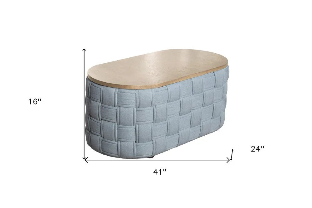 An oval dimension diagram for the Kinsley woven ottoman table, indicating a total width of 41 inches, a total depth of 24 inches, and a height of 16 inches.