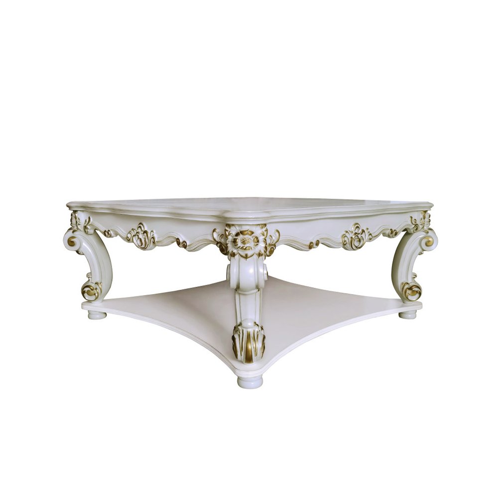 58" Ivory and Gold Wood Square Coffee Table With Shelf - Fluent Trends Coffee Tables