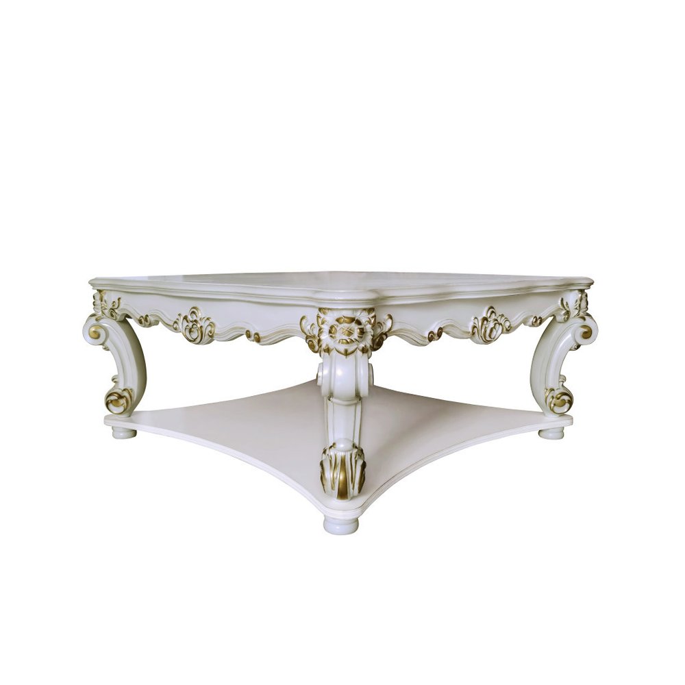 58" Ivory and Gold Wood Square Coffee Table With Shelf