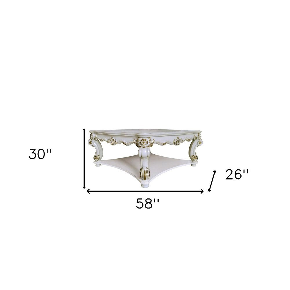 58" Ivory and Gold Wood Square Coffee Table With Shelf - Fluent Trends Coffee Tables