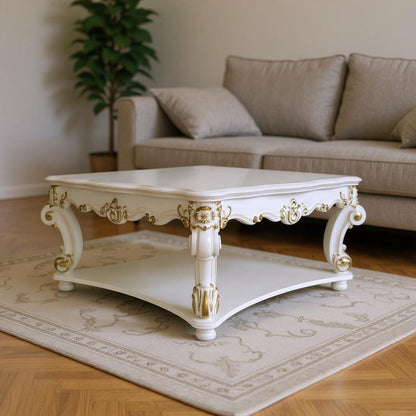 58" Ivory and Gold Wood Square Coffee Table With Shelf