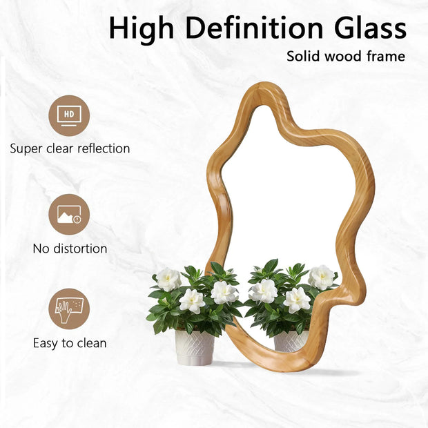 Irregular Wall Mirror with Natural Wood Frame - 33.46" x 22.24" - Fluent Trends