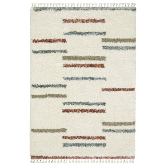 Ivory Striped Shag Rug with Fringe | Multiple Sizes