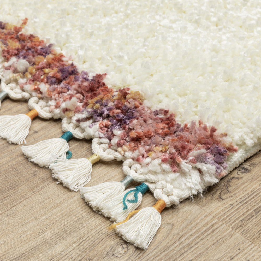 Ivory Striped Shag Rug with Fringe | Multiple Sizes