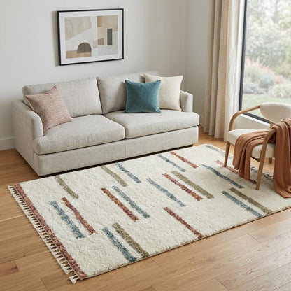Ivory Striped Shag Rug with Fringe | Multiple Sizes