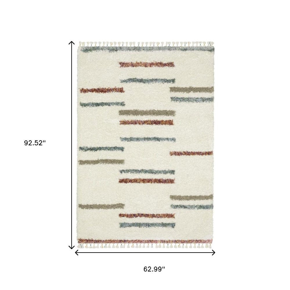 Ivory Striped Shag Rug with Fringe | Multiple Sizes