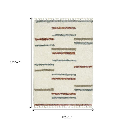 Ivory Striped Shag Rug with Fringe | Multiple Sizes