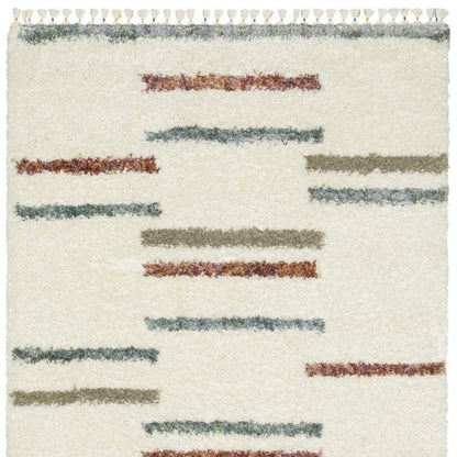 Ivory Striped Shag Rug with Fringe | Multiple Sizes