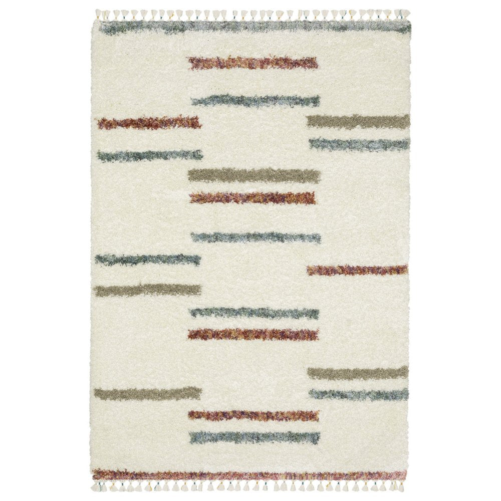 Ivory Striped Shag Rug with Fringe | Multiple Sizes