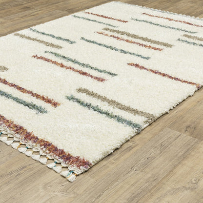 Ivory Striped Shag Rug with Fringe | Multiple Sizes