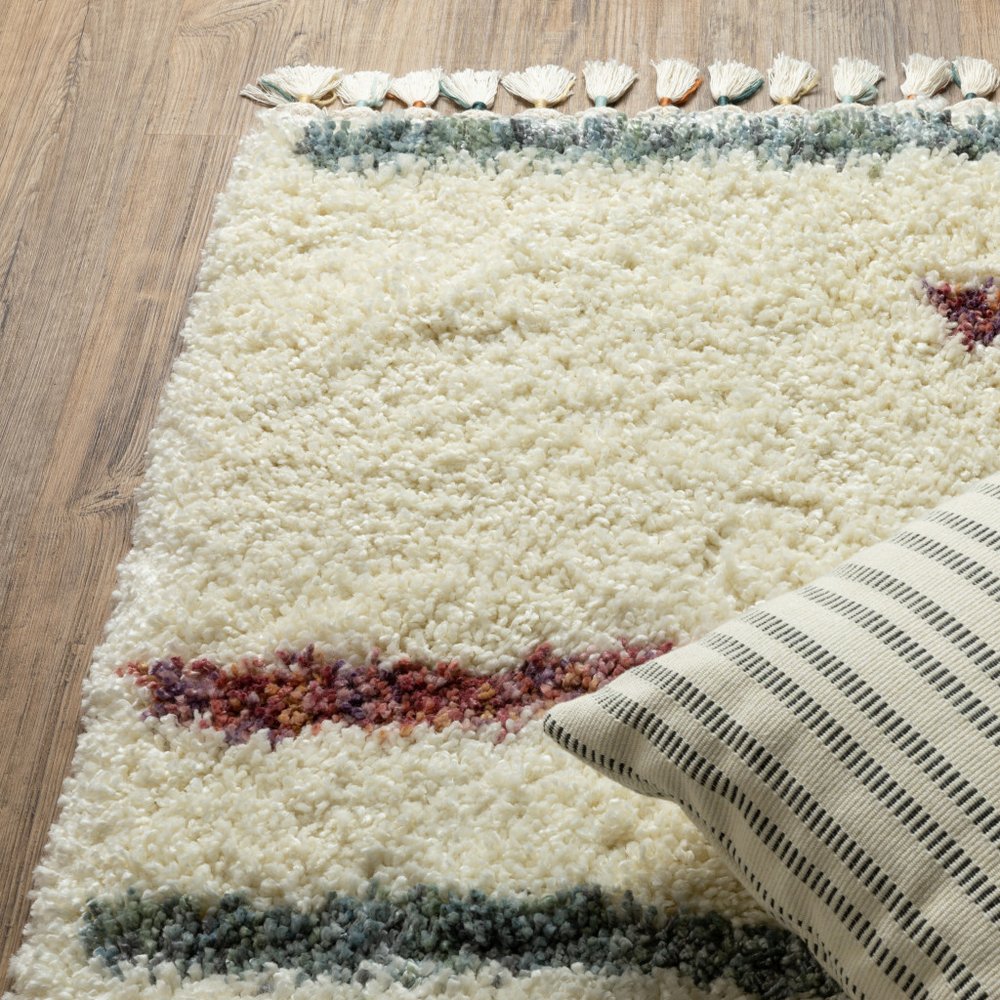 Ivory Striped Shag Rug with Fringe | Multiple Sizes