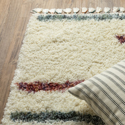 Ivory Striped Shag Rug with Fringe | Multiple Sizes