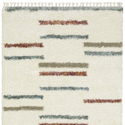 Ivory Striped Shag Rug with Fringe | Multiple Sizes