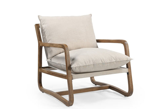 30" Beige And Natural Linen Arm Chair