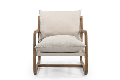 30" Beige And Natural Wood And Linen Arm Chair