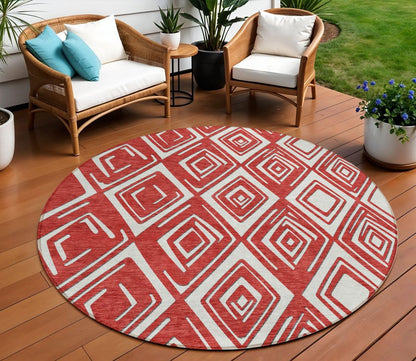 8' Red And Ivory Round Geometric Washable Indoor Outdoor Area Rug
