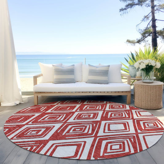 8' Red And Ivory Round Geometric Washable Indoor Outdoor Area Rug