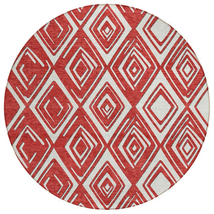 8' Red And Ivory Round Geometric Washable Indoor Outdoor Area Rug