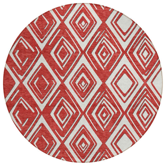 8' Red And Ivory Round Geometric Washable Indoor Outdoor Area Rug