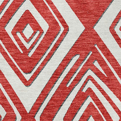 8' Red And Ivory Round Geometric Washable Indoor Outdoor Area Rug