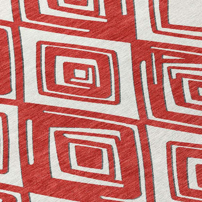 8' Red And Ivory Round Geometric Washable Indoor Outdoor Area Rug