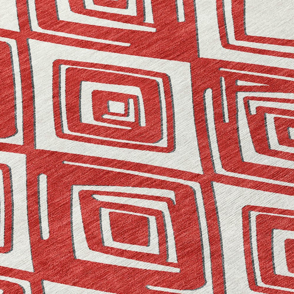 8' Red And Ivory Round Geometric Washable Indoor Outdoor Area Rug