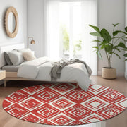 8' Red And Ivory Round Geometric Washable Indoor Outdoor Area Rug - Fluent Trends Outdoor Rugs