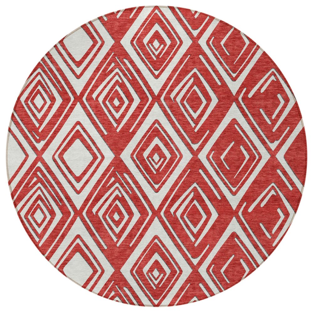 8' Red And Ivory Round Geometric Washable Indoor Outdoor Area Rug