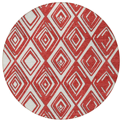 8' Red And Ivory Round Geometric Washable Indoor Outdoor Area Rug