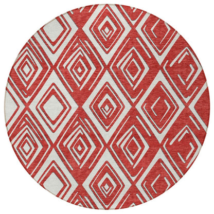 8' Red And Ivory Round Geometric Washable Indoor Outdoor Area Rug