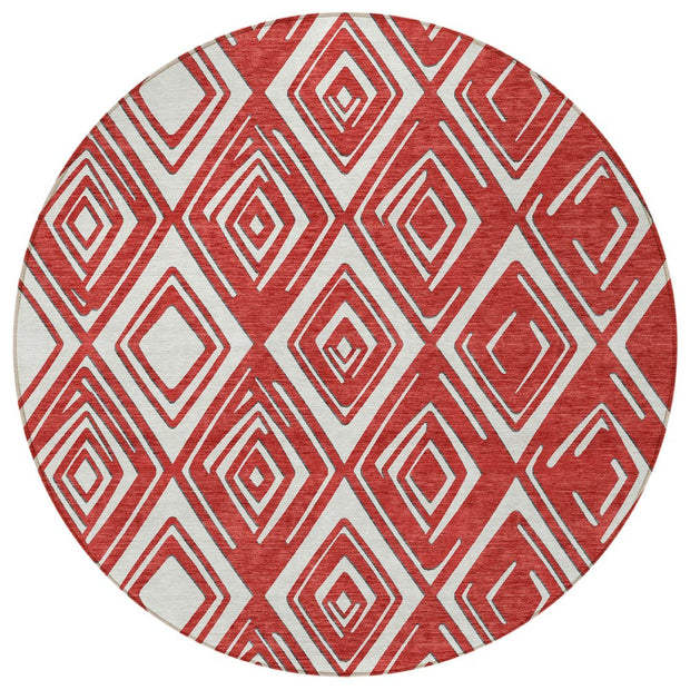 8' Red And Ivory Round Geometric Washable Indoor Outdoor Area Rug - Fluent Trends Outdoor Rugs