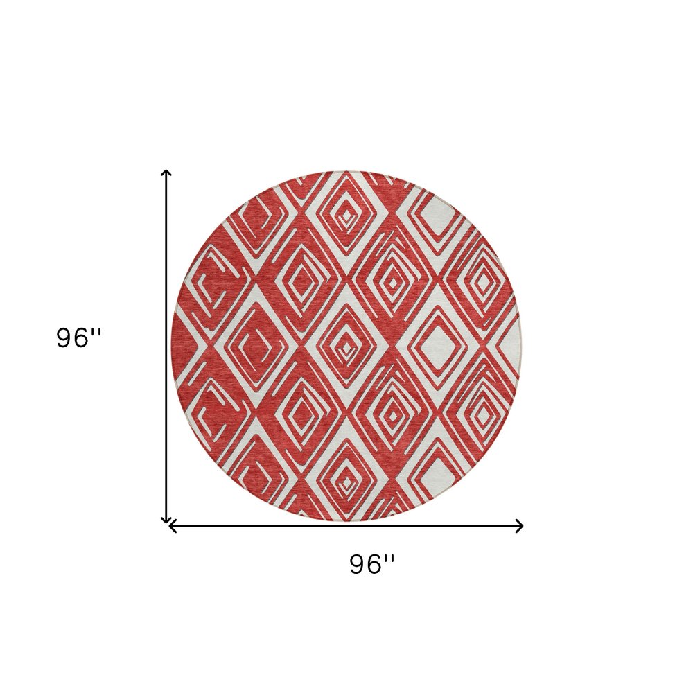 8' Red And Ivory Round Geometric Washable Indoor Outdoor Area Rug