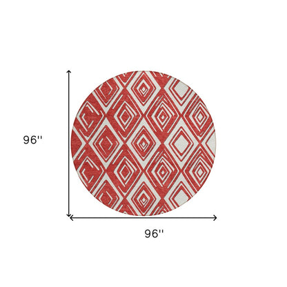 8' Red And Ivory Round Geometric Washable Indoor Outdoor Area Rug