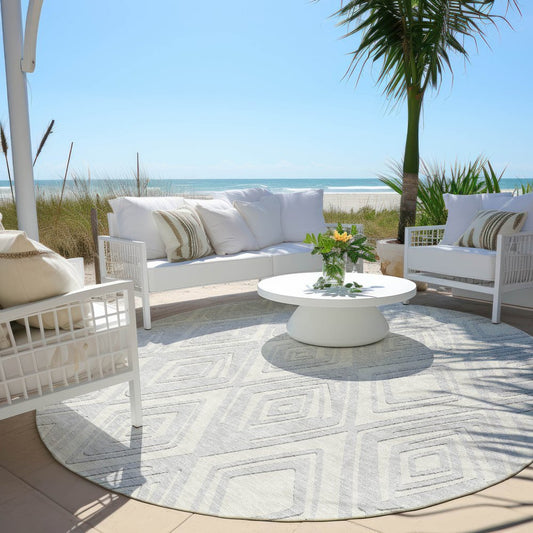 8' Silver And Ivory Round Geometric Washable Indoor Outdoor Area Rug HomeRoots