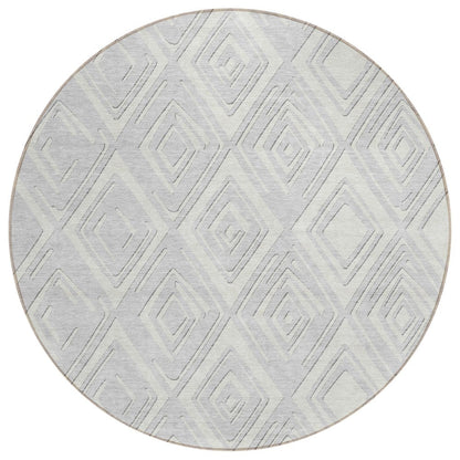 8' Silver And Ivory Round Geometric Washable Indoor Outdoor Area Rug HomeRoots