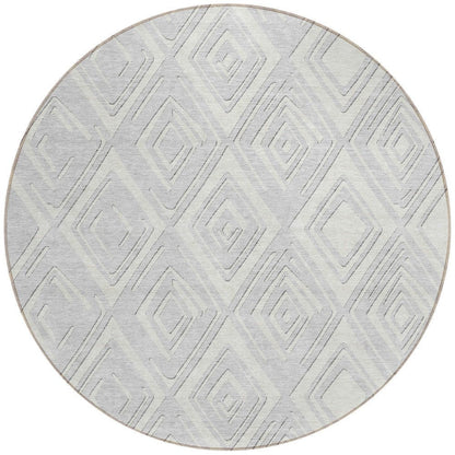 8' Silver And Ivory Round Geometric Washable Indoor Outdoor Area Rug HomeRoots