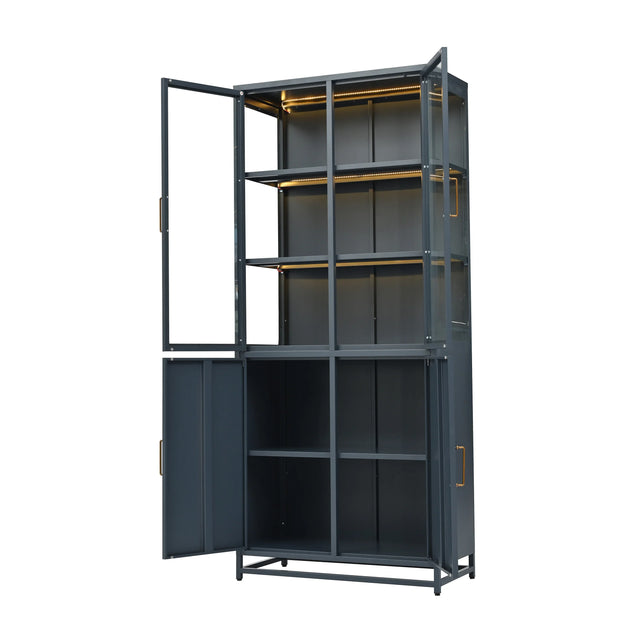 Modern Style 76.75'' Tall Steel Display Cabinet with Double Glass Doors, LED Lights, 3-Sided Glass for Collectibles - Dark Blue - Fluent Trends