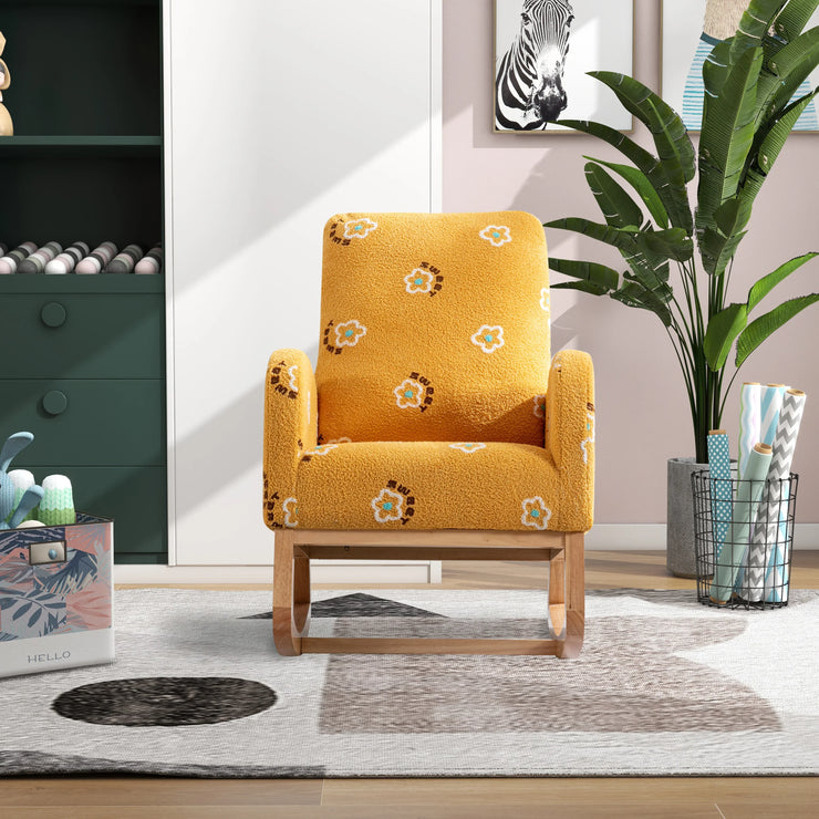 Modern Nursery Rocking Chair Mid Century Accent with Side Pocket Mustard Boucle Upholstered High Back - Fluent Trends