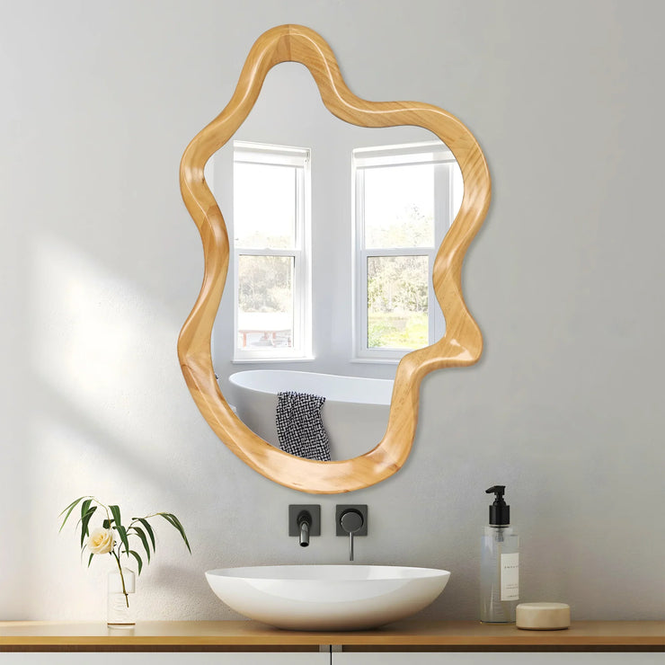Irregular Wall Mirror with Natural Wood Frame - 33.46" x 22.24" - Fluent Trends